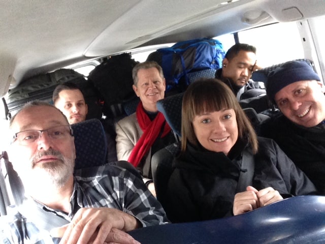 Packed into our van en route to Rzeszow with Hannah and Robert a warren, our DocFilm Institute team.