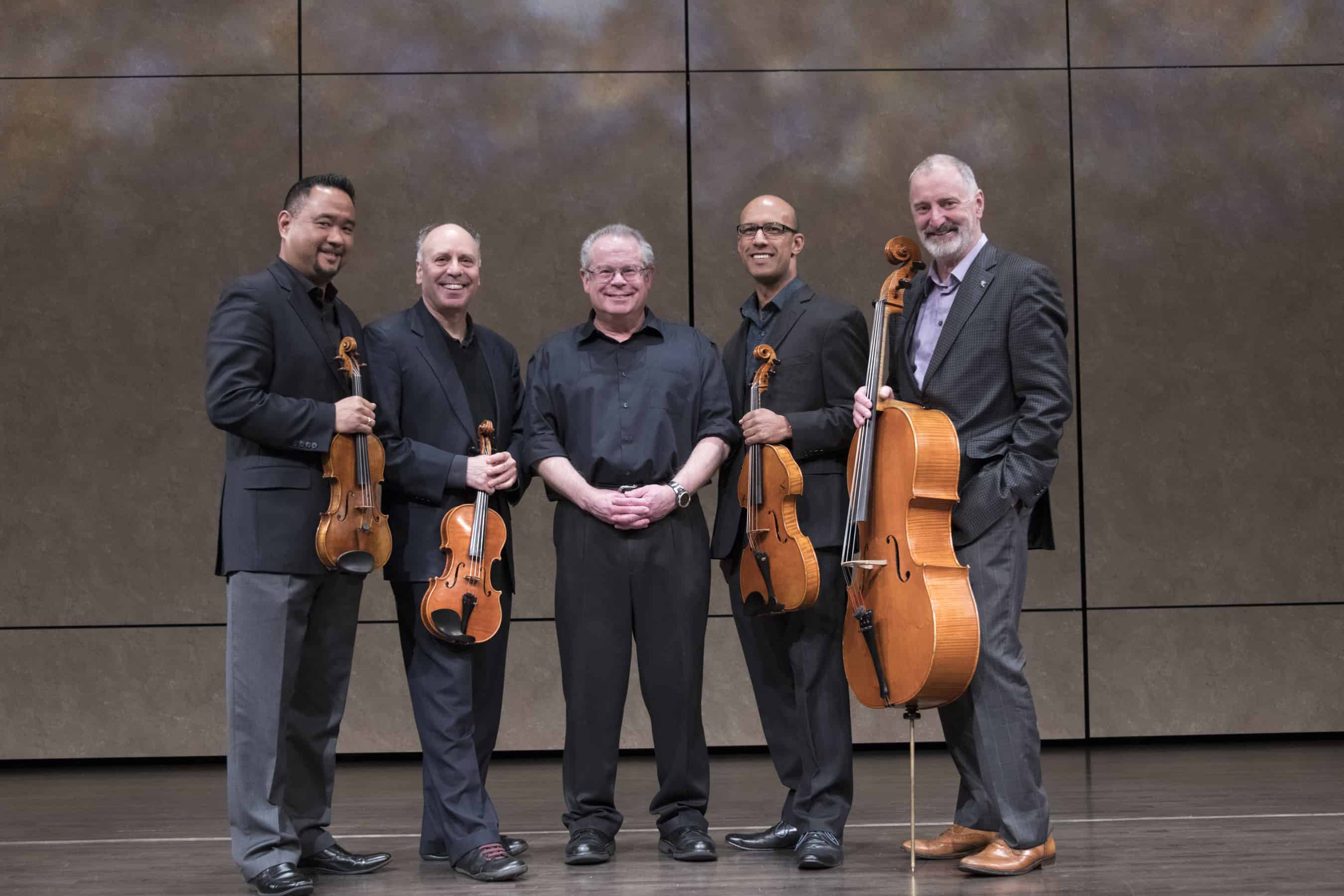 Alexander String Quartet with Robert Greenberg - standing on stage at Herbst Theatre